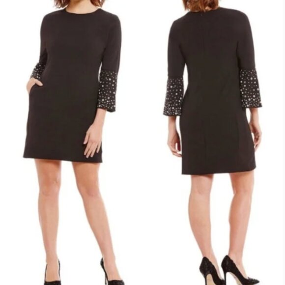 Badgley Mischka Black Dress LBD Grommet Embellished Shift Bell Sleeve Size 4 - Picture 2 of 13